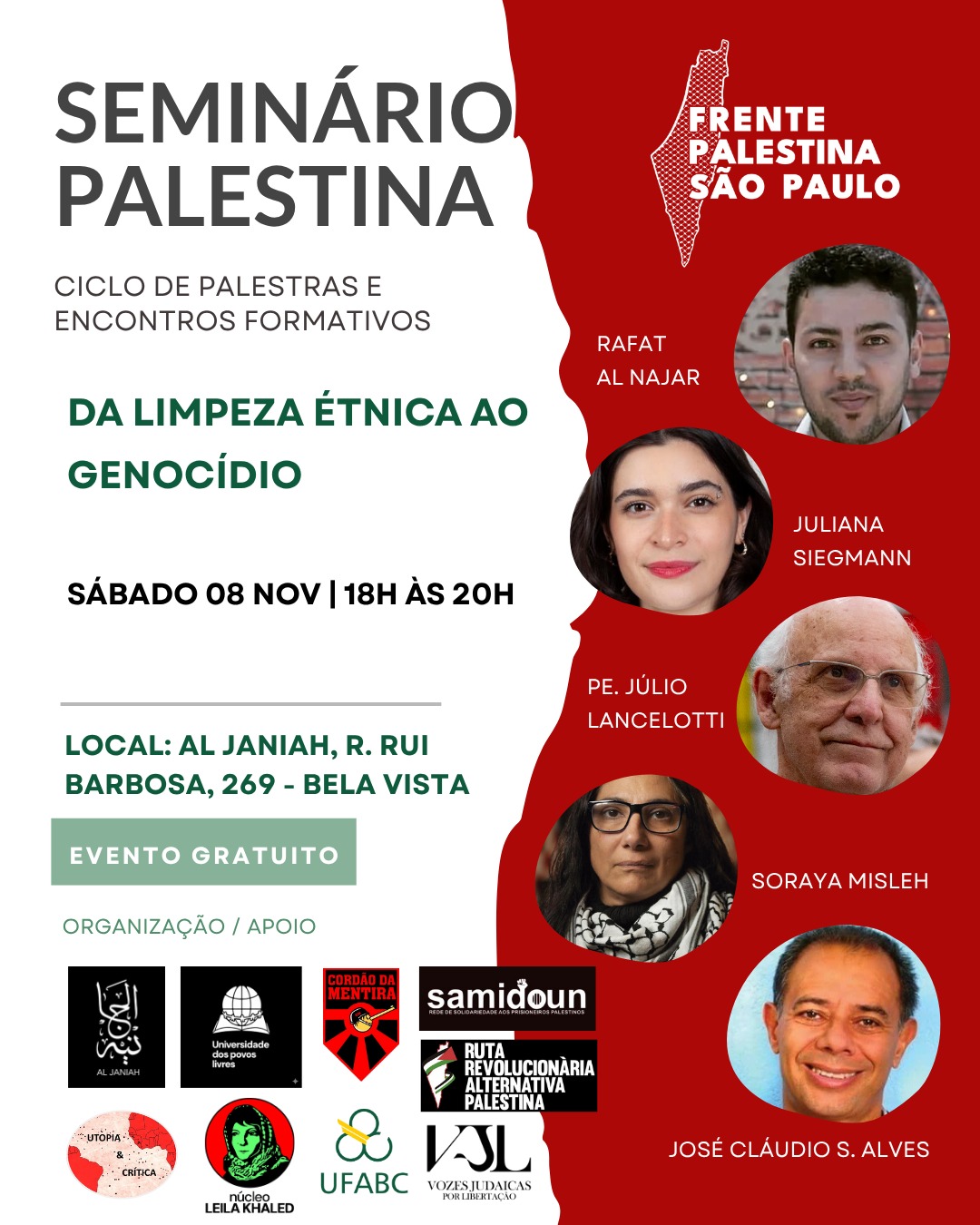 Seminário “Palestina – da Colonização ao Genocídio” – último encontro – Sábado, 8 de novembro – Espaço Cultural Palestino Al Janiah